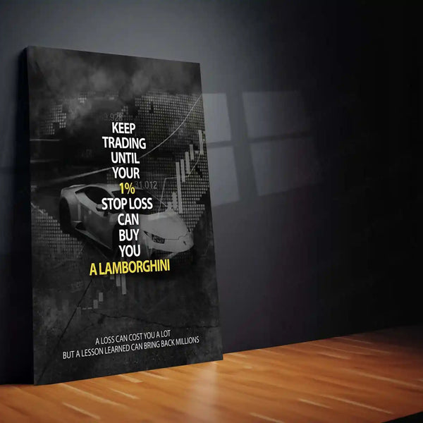 Stock Market Metal Poster | Keep Trading Until Your 1% Stop Loss Buys a Lamborghini | Trader Motivation Wall Art Stock Market Mindset Metal Frame - TURTLEWINGS 