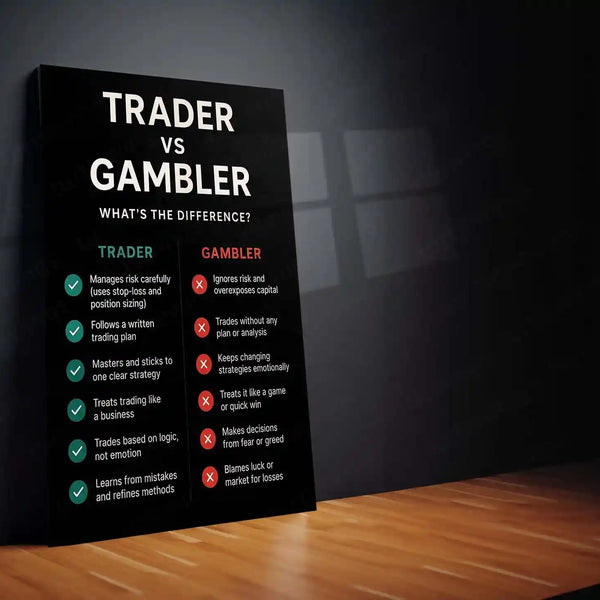 Stock Market Metal Poster | Trader vs Gambler | Trading Discipline Motivation Wall Art | Professional Trading Mindset Metal Frame - TURTLEWINGS 
