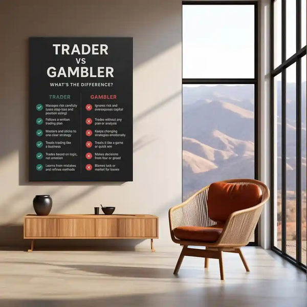 Stock Market Metal Poster | Trader vs Gambler | Trading Discipline Motivation Wall Art | Professional Trading Mindset Metal Frame - TURTLEWINGS 