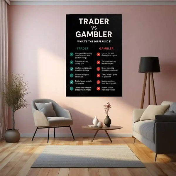 Stock Market Metal Poster | Trader vs Gambler | Trading Discipline Motivation Wall Art | Professional Trading Mindset Metal Frame - TURTLEWINGS 