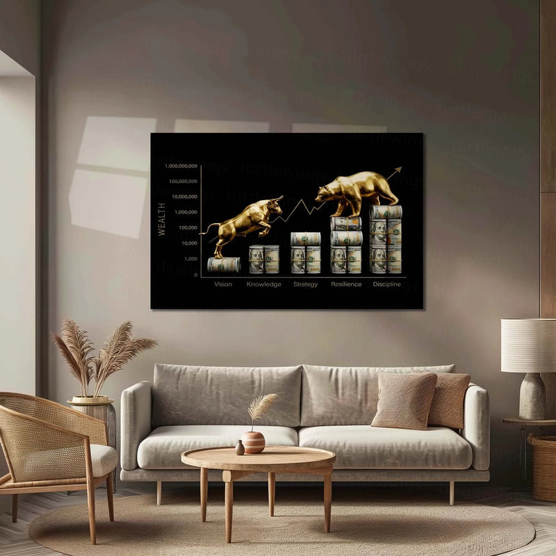 Stock Market Metal Poster | Bull vs Bear Market – Wealth Mindset | Stock Market Motivation Metal Frame - TURTLEWINGS 