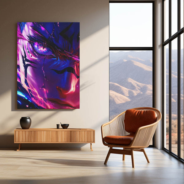 Anime Metal Poster | Solo Leveling Metal Poster | Sung Jin-Woo Neon Shadow Monarch Wall Art | Epic Anime Warrior Metal Frame
