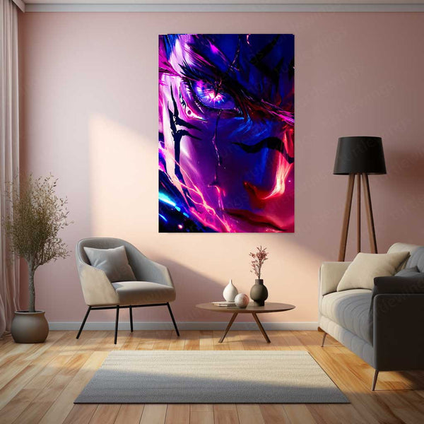 Anime Metal Poster | Solo Leveling Metal Poster | Sung Jin-Woo Neon Shadow Monarch Wall Art | Epic Anime Warrior Metal Frame