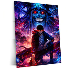 Anime Metal Poster | Solo Leveling Metal Poster | Sung Jin-Woo & Shadow Monarch Wall Art | Epic Fantasy Anime Metal Frame