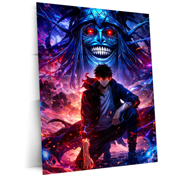 Anime Metal Poster | Solo Leveling Metal Poster | Sung Jin-Woo & Shadow Monarch Wall Art | Epic Fantasy Anime Metal Frame