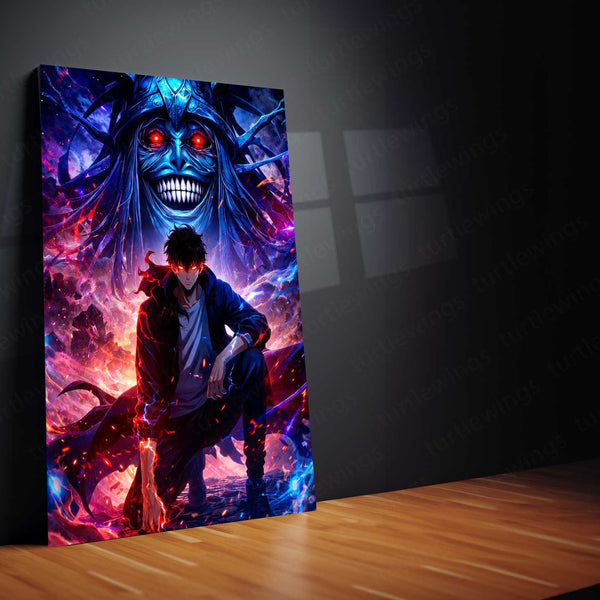 Anime Metal Poster | Solo Leveling Metal Poster | Sung Jin-Woo & Shadow Monarch Wall Art | Epic Fantasy Anime Metal Frame