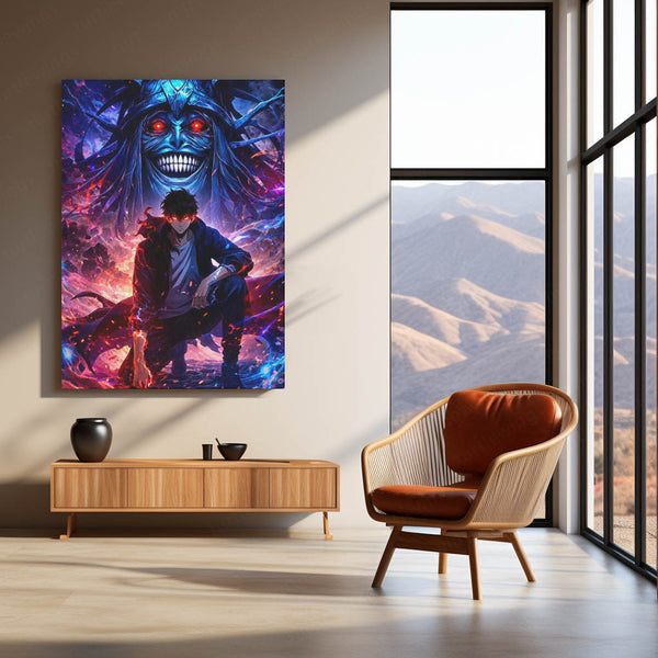 Anime Metal Poster | Solo Leveling Metal Poster | Sung Jin-Woo & Shadow Monarch Wall Art | Epic Fantasy Anime Metal Frame