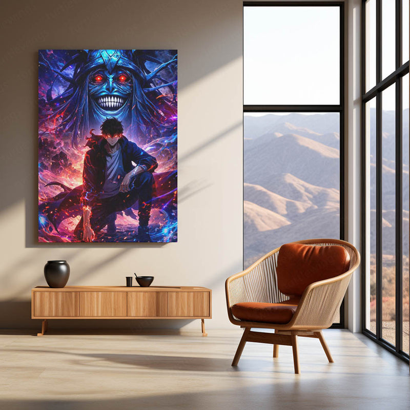Anime Metal Poster | Solo Leveling Metal Poster | Sung Jin-Woo & Shadow Monarch Wall Art | Epic Fantasy Anime Metal Frame