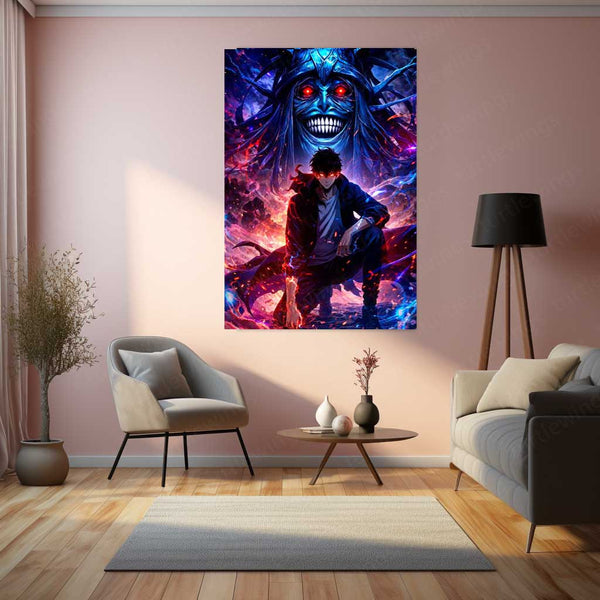 Anime Metal Poster | Solo Leveling Metal Poster | Sung Jin-Woo & Shadow Monarch Wall Art | Epic Fantasy Anime Metal Frame