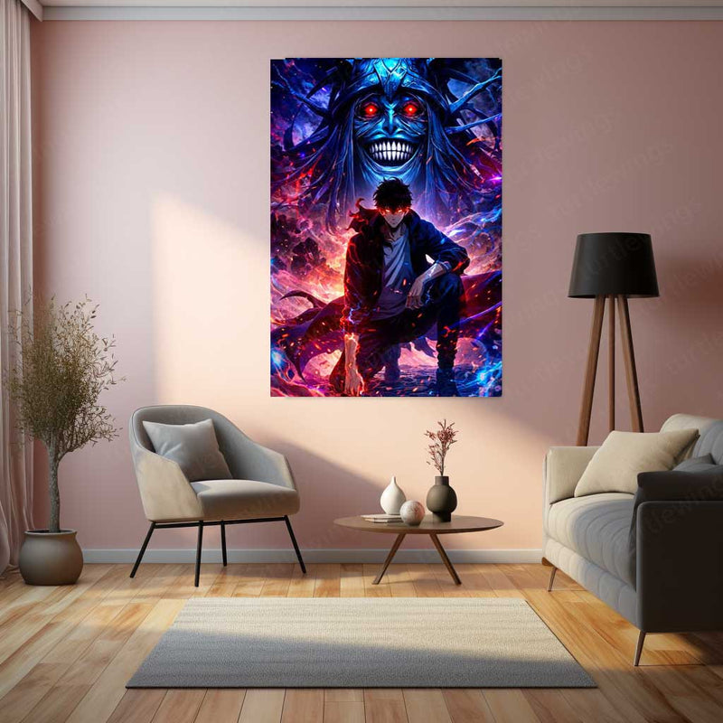 Anime Metal Poster | Solo Leveling Metal Poster | Sung Jin-Woo & Shadow Monarch Wall Art | Epic Fantasy Anime Metal Frame