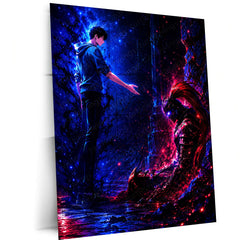 Anime Metal Poster | Solo Leveling Metal Poster | Sung Jin-Woo & Igris Shadow Monarch Wall Art | Epic Dungeon Anime Metal Frame