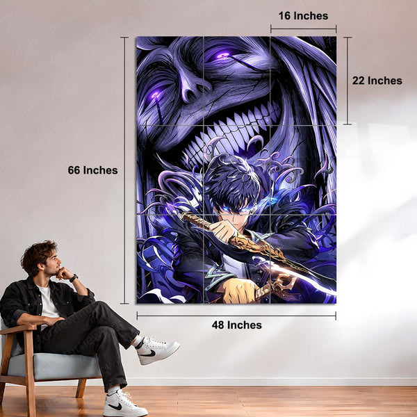 Anime Metal Poster Set of 9 | Sung Jin-Woo | Solo Leveling Shadow Monarch Wall Art | Purple Anime 9 Panel Metal Print