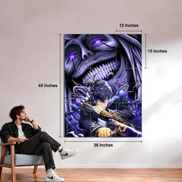 Anime Metal Poster Set of 9 | Sung Jin-Woo | Solo Leveling Shadow Monarch Wall Art | Purple Anime 9 Panel Metal Print