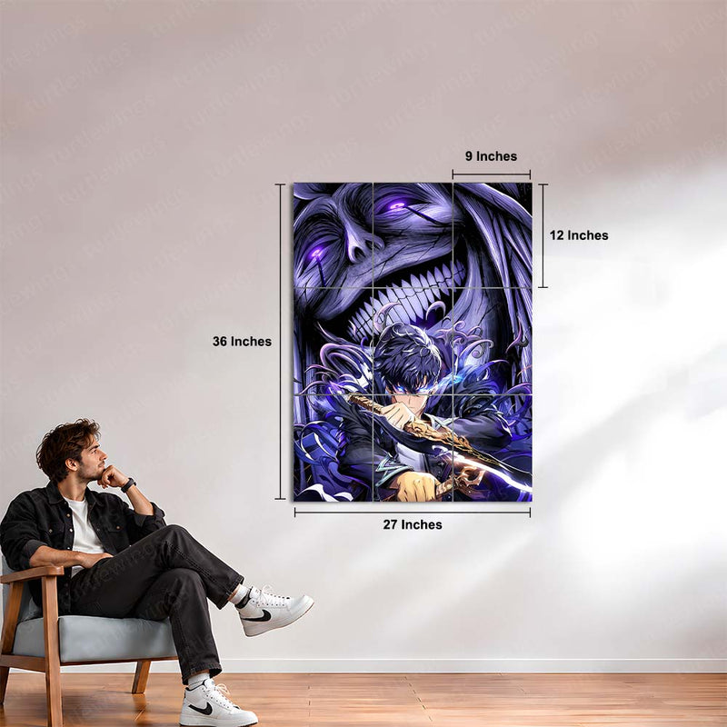 Anime Metal Poster Set of 9 | Sung Jin-Woo | Solo Leveling Shadow Monarch Wall Art | Purple Anime 9 Panel Metal Print