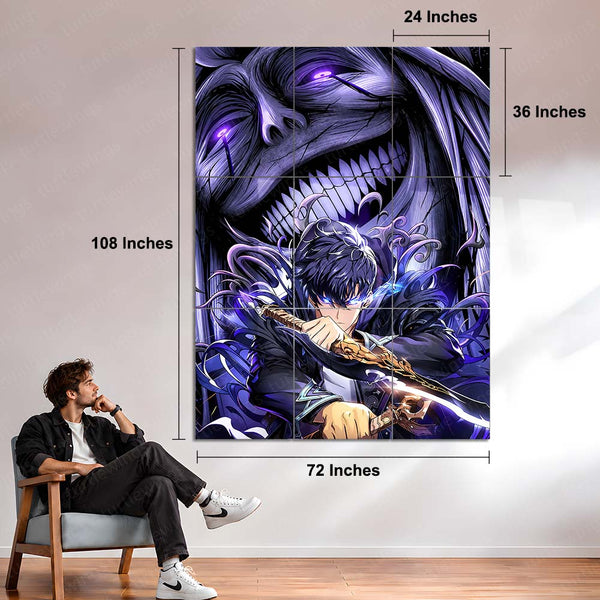 Anime Metal Poster Set of 9 | Sung Jin-Woo | Solo Leveling Shadow Monarch Wall Art | Purple Anime 9 Panel Metal Print
