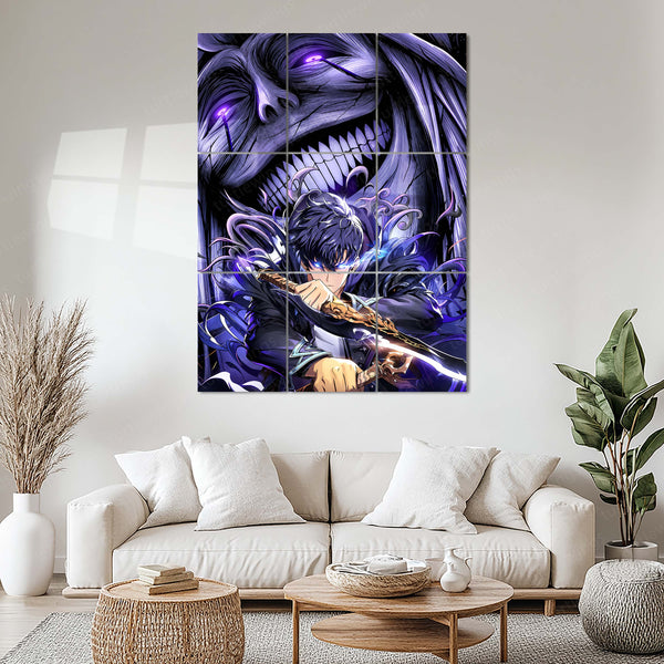Anime Metal Poster Set of 9 | Sung Jin-Woo | Solo Leveling Shadow Monarch Wall Art | Purple Anime 9 Panel Metal Print