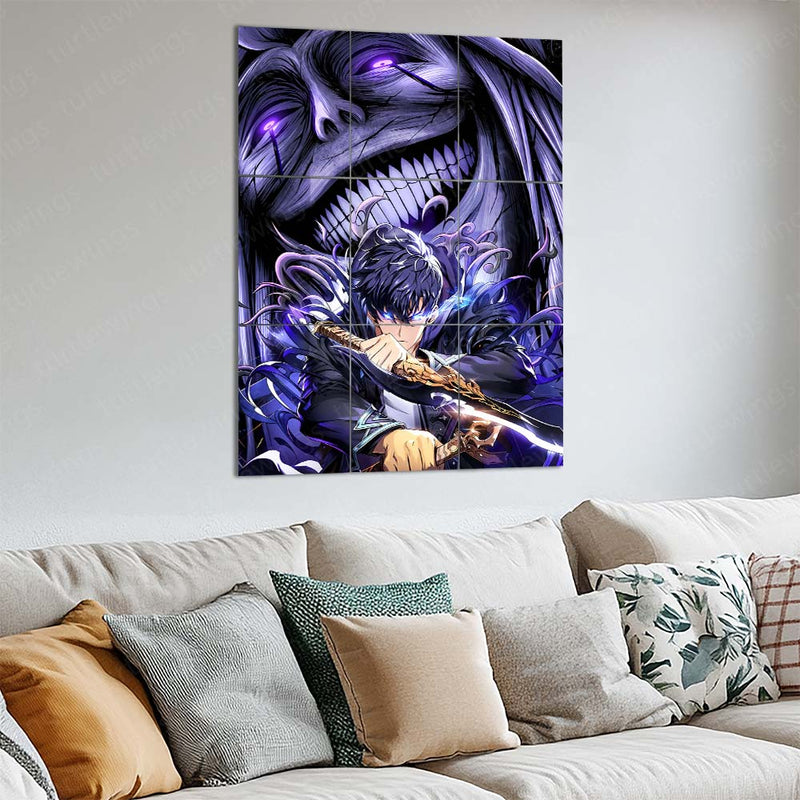 Anime Metal Poster Set of 9 | Sung Jin-Woo | Solo Leveling Shadow Monarch Wall Art | Purple Anime 9 Panel Metal Print