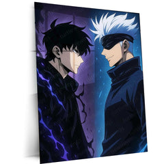 Sung Jin-Woo × Satoru Gojo Metal Poster | Shadow Monarch & Sorcerer Supreme Anime Wall Frame