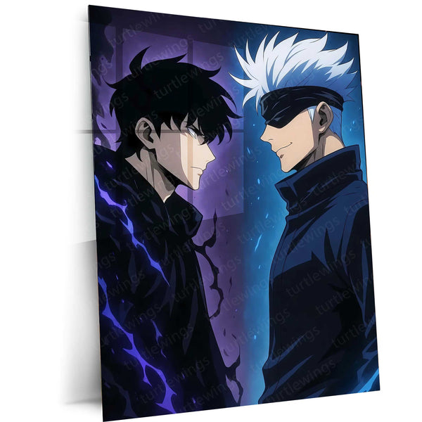 Sung Jin-Woo × Satoru Gojo Metal Poster | Shadow Monarch & Sorcerer Supreme Anime Wall Frame