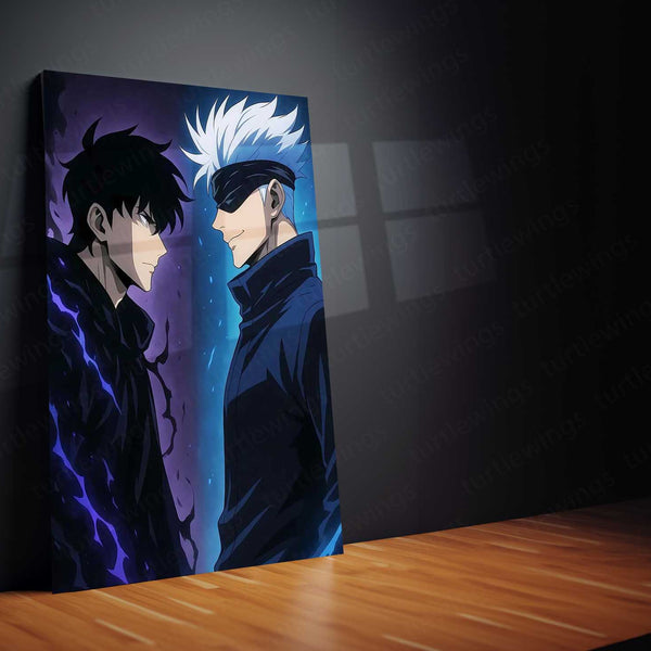 Sung Jin-Woo × Satoru Gojo Metal Poster | Shadow Monarch & Sorcerer Supreme Anime Wall Frame