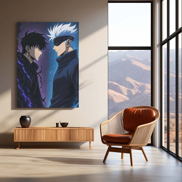 Sung Jin-Woo × Satoru Gojo Metal Poster | Shadow Monarch & Sorcerer Supreme Anime Wall Frame