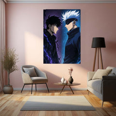 Sung Jin-Woo × Satoru Gojo Metal Poster | Shadow Monarch & Sorcerer Supreme Anime Wall Frame