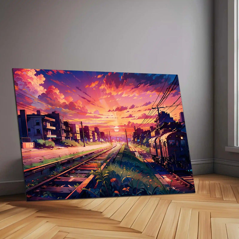 Sunset Train Tracks Metal Poster | Aesthetic Cityscape Wall Art | Metal Poster