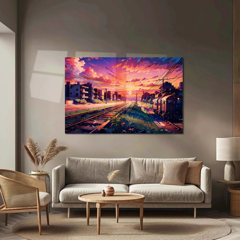 Sunset Train Tracks Metal Poster | Aesthetic Cityscape Wall Art | Metal Poster
