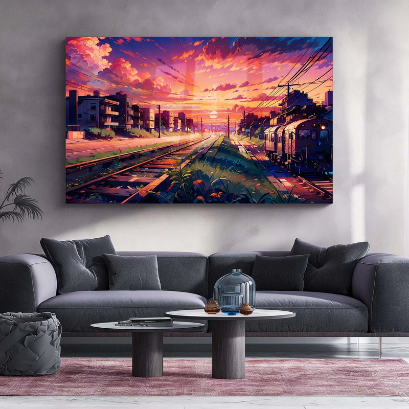 Sunset Train Tracks Metal Poster | Aesthetic Cityscape Wall Art | Metal Poster