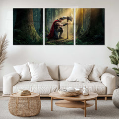 Superhero Metal Poster Set of 3 | Thor | Forest Warrior with Stormbreaker Triptych Wall Art – main product image