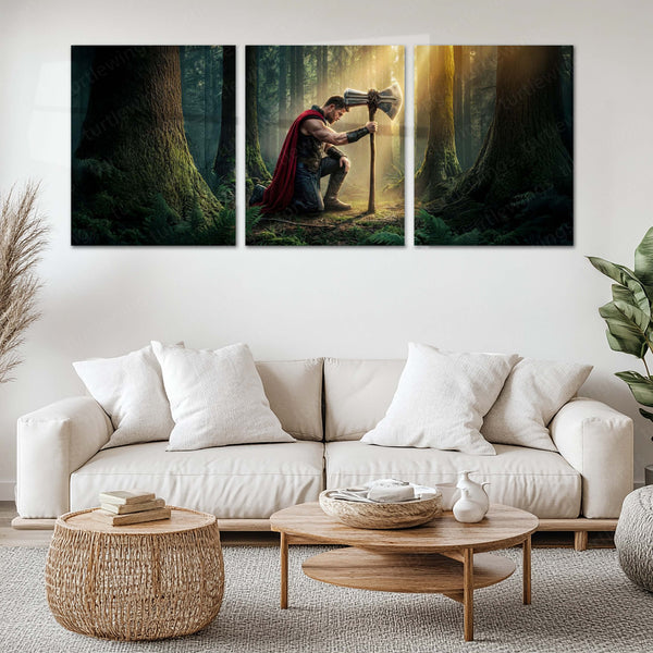 Superhero Metal Poster Set of 3 | Thor | Forest Warrior with Stormbreaker Triptych Wall Art – main product image