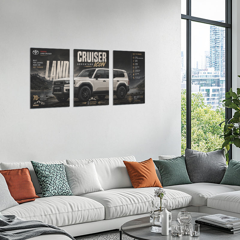 Car Metal Poster Set of 3 | Toyota Land Cruiser Adventure Icon Triptych Wall Art