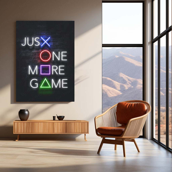 Just One More Game – PlayStation Neon LED Metal Frame | Gamer Room Wall Art