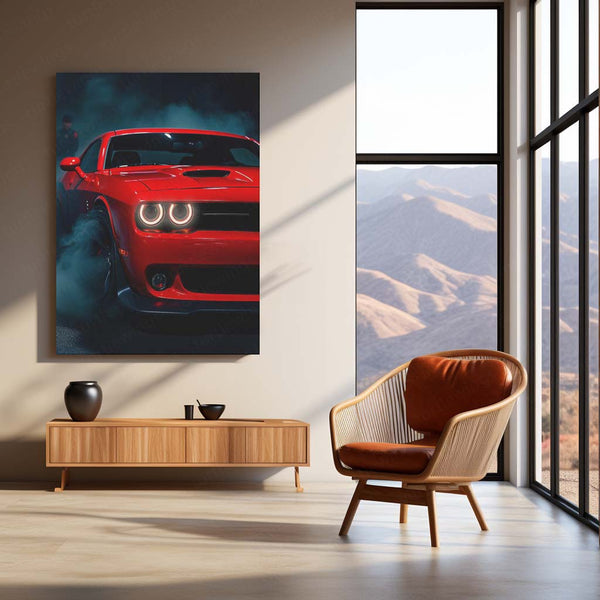 Red Dodge Challenger Burnout – LED Metal Frame | Muscle Car Wall Art | American Performance Poster