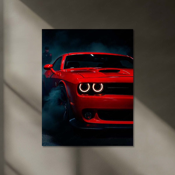 Red Dodge Challenger Burnout – LED Metal Frame | Muscle Car Wall Art | American Performance Poster