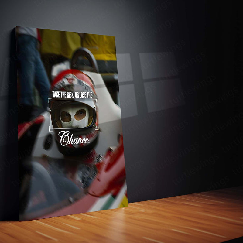 Quote Metal Poster | Niki Lauda – Take the Risk, or Lose the Chance Metal Frame Fearless Racing Mindset Wall Art | Formula 1 Courage Quote Metal Poster