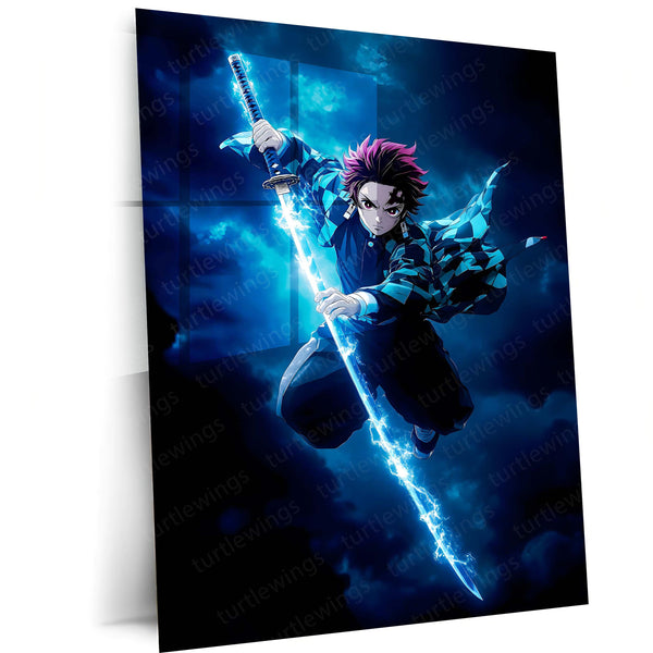 Anime Metal Poster | Demon Slayer Metal Poster | Tanjiro Kamado Water Breathing Wall Art | Epic Anime Swordsman Metal Frame