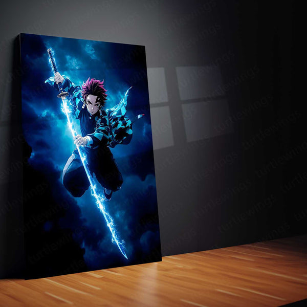 Anime Metal Poster | Demon Slayer Metal Poster | Tanjiro Kamado Water Breathing Wall Art | Epic Anime Swordsman Metal Frame