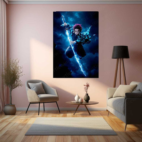 Anime Metal Poster | Demon Slayer Metal Poster | Tanjiro Kamado Water Breathing Wall Art | Epic Anime Swordsman Metal Frame