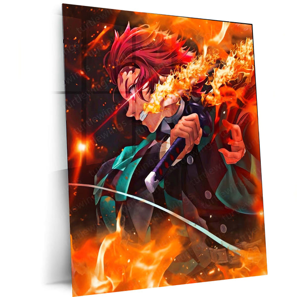 Anime Metal Poster | Tanjiro Kamado – Fire Breathing Rage Metal Poster | Demon Slayer Anime Wall Frame