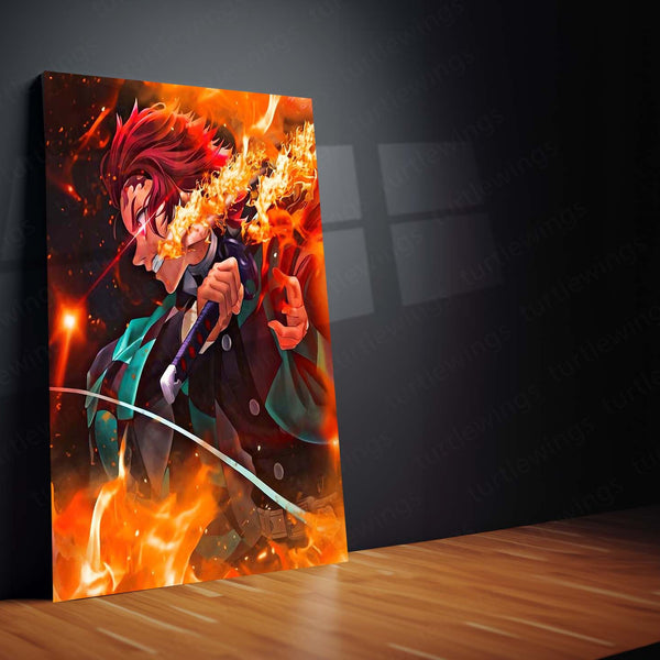 Anime Metal Poster | Tanjiro Kamado – Fire Breathing Rage Metal Poster | Demon Slayer Anime Wall Frame
