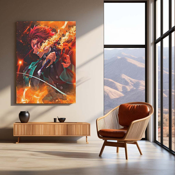 Anime Metal Poster | Tanjiro Kamado – Fire Breathing Rage Metal Poster | Demon Slayer Anime Wall Frame