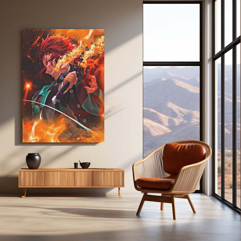 Anime Metal Poster | Tanjiro Kamado – Fire Breathing Rage Metal Poster | Demon Slayer Anime Wall Frame