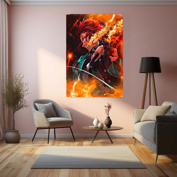 Anime Metal Poster | Tanjiro Kamado – Fire Breathing Rage Metal Poster | Demon Slayer Anime Wall Frame