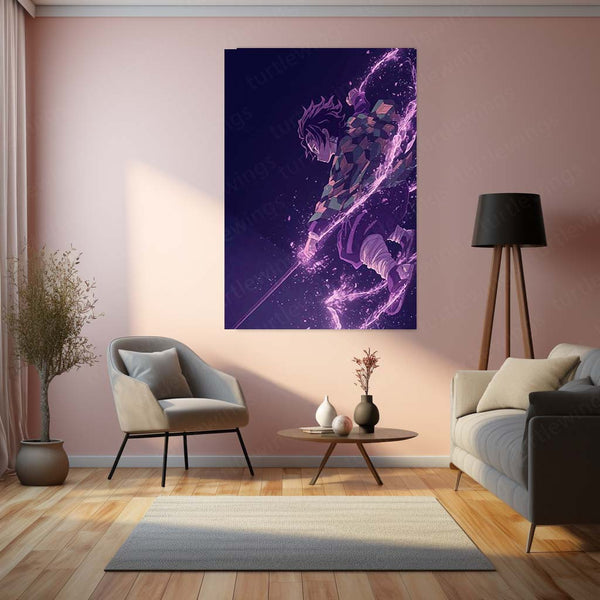 Tanjiro Kamado with Purple Blade – Demon Slayer Metal Frame | Anime Action Poster | Bold Wall Art for Otaku Rooms