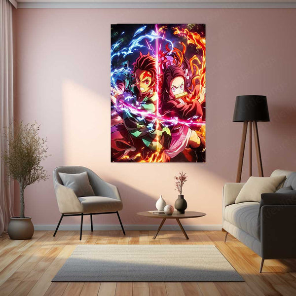 Anime Metal Poster | Tanjiro & Nezuko Kamado – Demon Slayer Metal Poster | Sibling Bond Anime Wall Frame