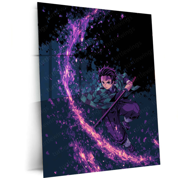 Tanjiro Sword Strike – Demon Slayer Metal Frame | Anime Poster with Petal Effect | Elegant Action Wall Art
