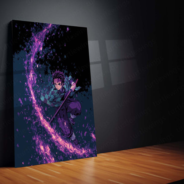 Tanjiro Sword Strike – Demon Slayer Metal Frame | Anime Poster with Petal Effect | Elegant Action Wall Art