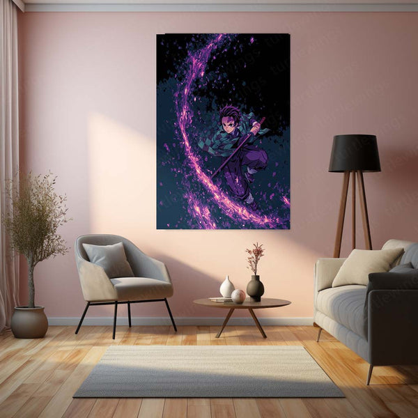 Tanjiro Sword Strike – Demon Slayer Metal Frame | Anime Poster with Petal Effect | Elegant Action Wall Art