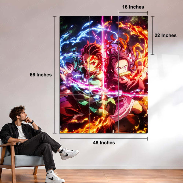 Anime Metal Poster Set of 9 | Tanjiro & Nezuko | Demon Slayer Sibling Duo Wall Art | Kimetsu no Yaiba Anime 9 Panel Metal Print